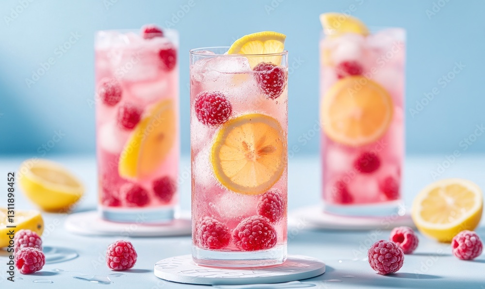 Poster refreshing raspberry lemonade drinks with ice in glasses for summer