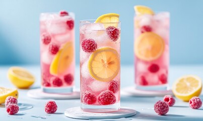 Refreshing Raspberry Lemonade Drinks with Ice in Glasses for Summer