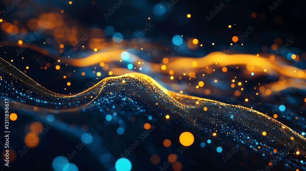 Poster Flowing Waves of Blue and Orange Light Particles Creating a Stunning Abstract Scene : Generative AI