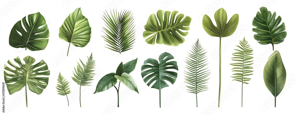 Poster Collection of realistic green tropical leaves in various shapes and sizes for design projects : Generative AI
