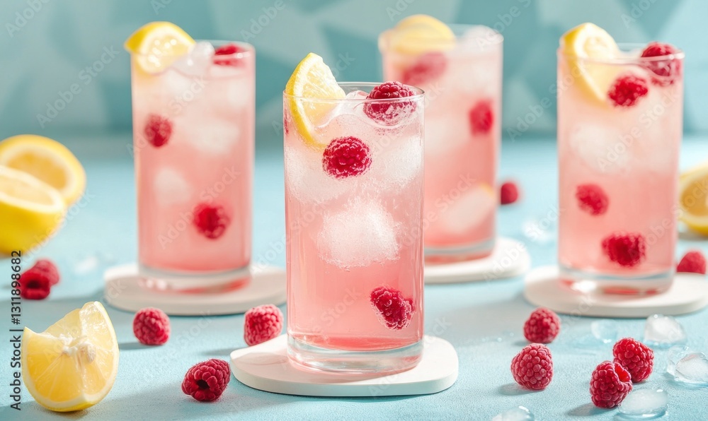 Poster refreshing raspberry lemonade drinks with ice cubes on a light blue surface