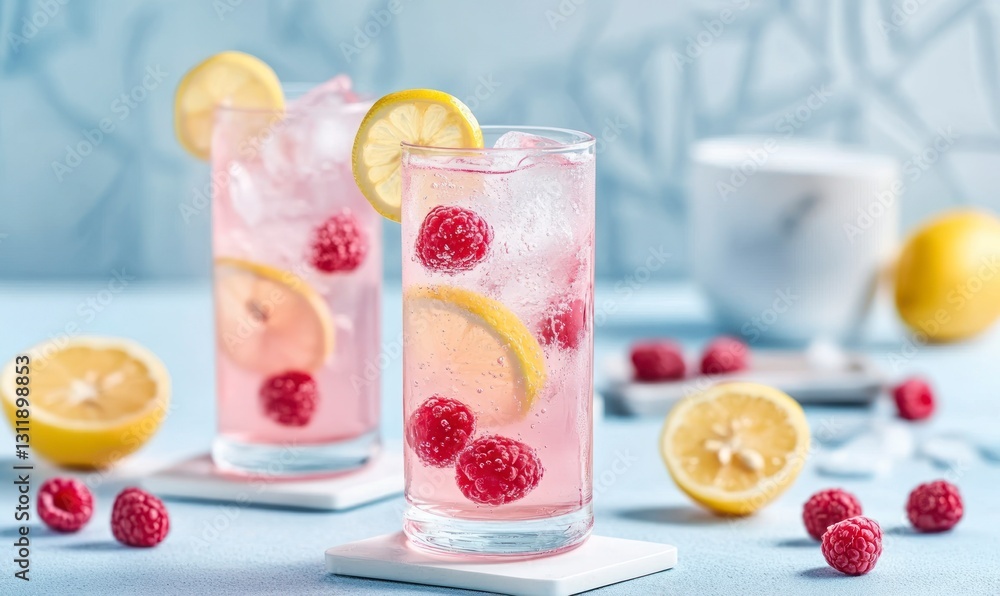 Poster Refreshing Raspberry Lemonade Drinks with Ice and Lemon Slices in Glasses