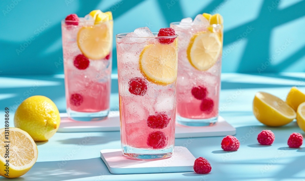 Poster refreshing raspberry lemonade drinks with ice and fruit on light blue background