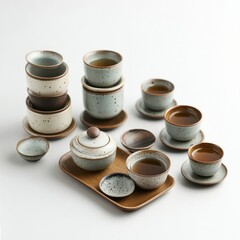Rustic Ceramic Tea Set on White Background