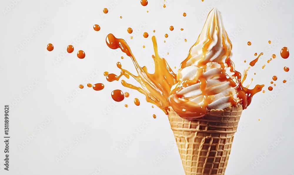Poster tempting swirl of soft serve ice cream with dripping caramel sauce and splashes : generative ai