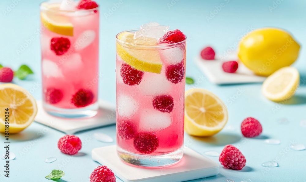 Poster refreshing raspberry lemonade drinks with ice cubes on a light blue background