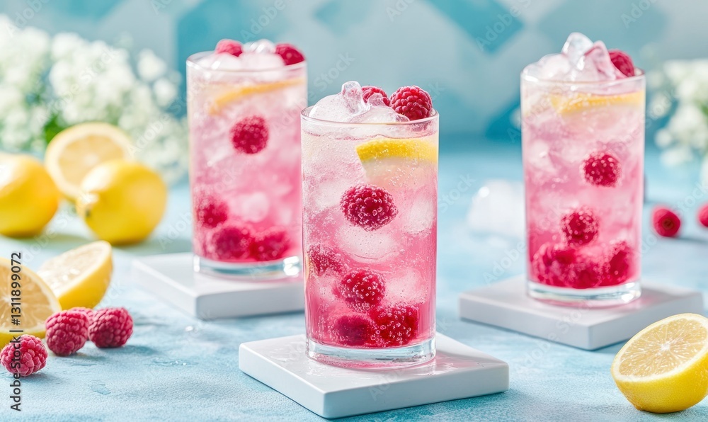 Poster refreshing raspberry lemonade drinks with ice and lemon slices in glass