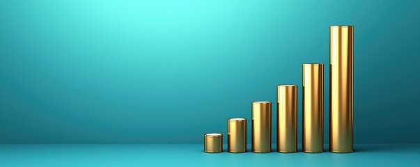Obraz premium A series of gold bars increasing in height, set against a turquoise background, symbolizing growth and success in finance.