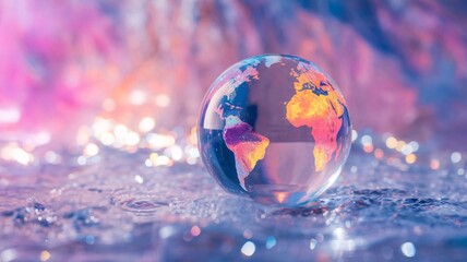 A crystal globe showcasing vibrant continents with colorful hues, set against a soft, blurred background.