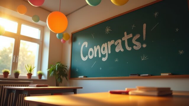 Blackboard with Congrats, Modern blackboard reads 'Congrats' with elegant chalk writing golden light vivid balloons and artistic details in a brig