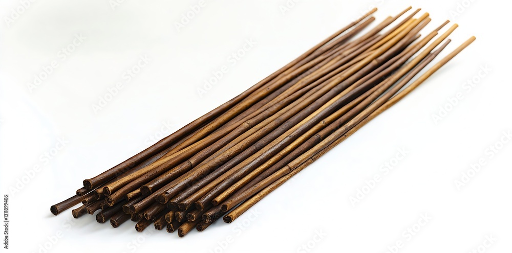 Poster A stack of natural bamboo sticks in a variety of lengths arranged on a white background : Generative AI