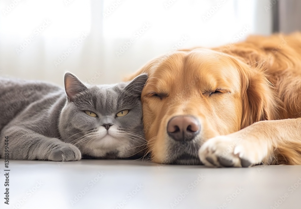 Poster Charming Gray Cat and Loving Golden Retriever Enjoying a Nap Side by Side : Generative AI