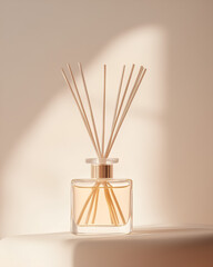 glass bottle with golden fragrance liquid and wooden sticks in soft natural light