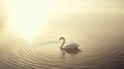 Serene White Swan in Misty Sunrise on Calm Water