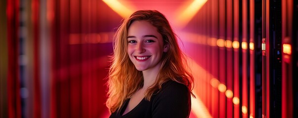 Smiling Young Woman in High-Tech Background Radiating Confidence and Joy : Generative AI
