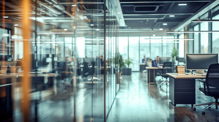 Fototapeta premium Contemporary office space featuring glass-walled offices, modern desks, and natural light, creating a productive work environment.
