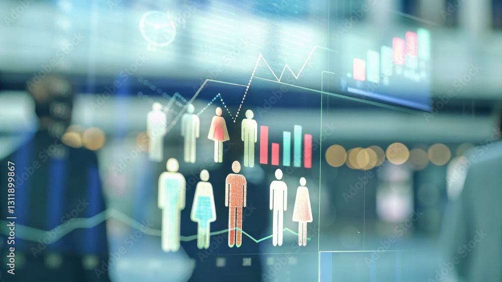 Aufkleber digital graphics showcasing diverse people icons and data charts, suggesting analytics and insights 