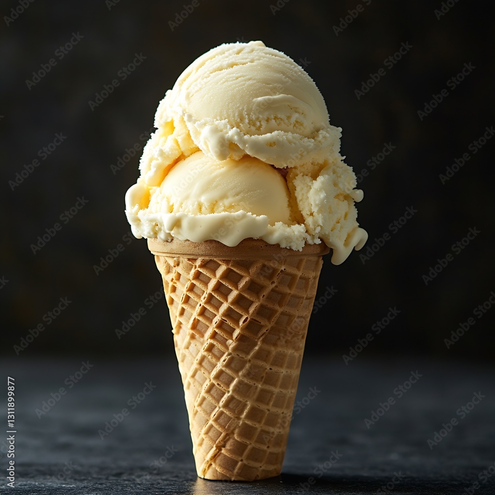 Aufkleber delicious creamy vanilla ice cream scoops in a crispy cone against a dark background : generative ai
