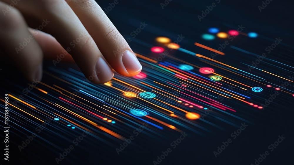 Aufkleber digital interaction: a finger interacts with vibrant, flowing data streams, symbolizing the power an