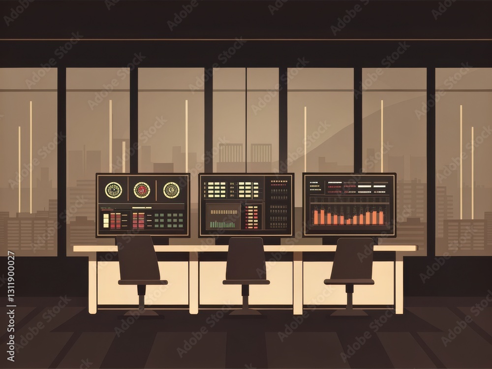 Poster a sleek control room featuring three monitors displaying data and graphs, set against a panoramic ci