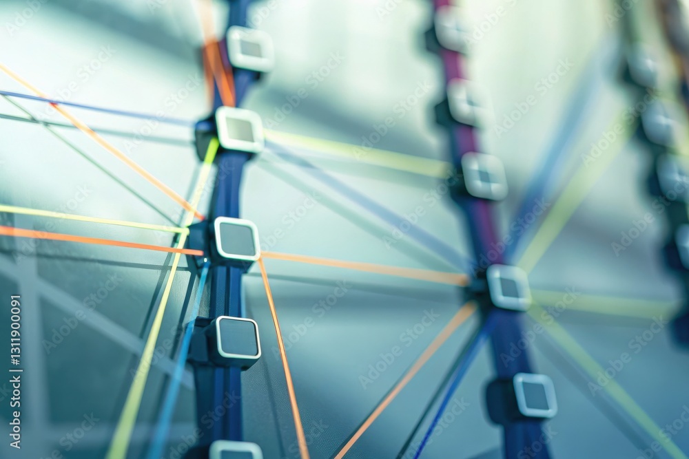 Poster a close-up of interconnected colorful lines and nodes, resembling a modern network or technology int