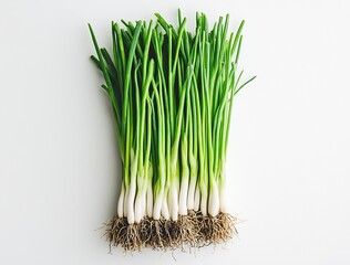 Vibrant Fresh Green Onions Stacked with Distinct Roots on Clean White Surface for Culinary Use : Generative AI