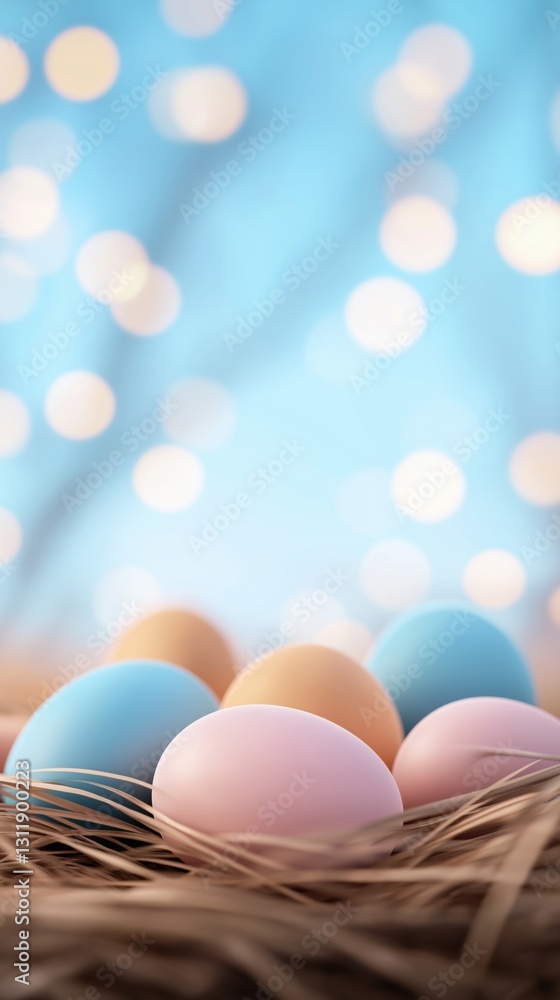 Poster soft pastel eggs nestled in straw, illuminated by a dreamy blue backdrop with bokeh lights, creating