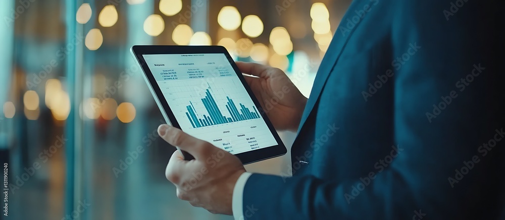 Aufkleber Professional man holding a tablet displaying business analytics and data reports in a modern office : Generative AI