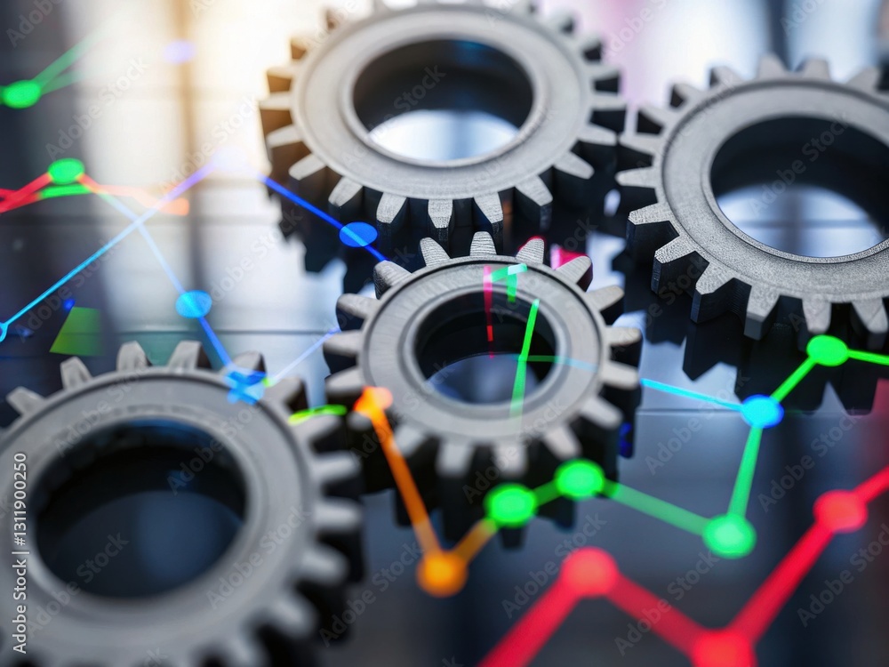 Poster the image features interlocking gears on a reflective surface, accompanied by colorful graphs, symbo