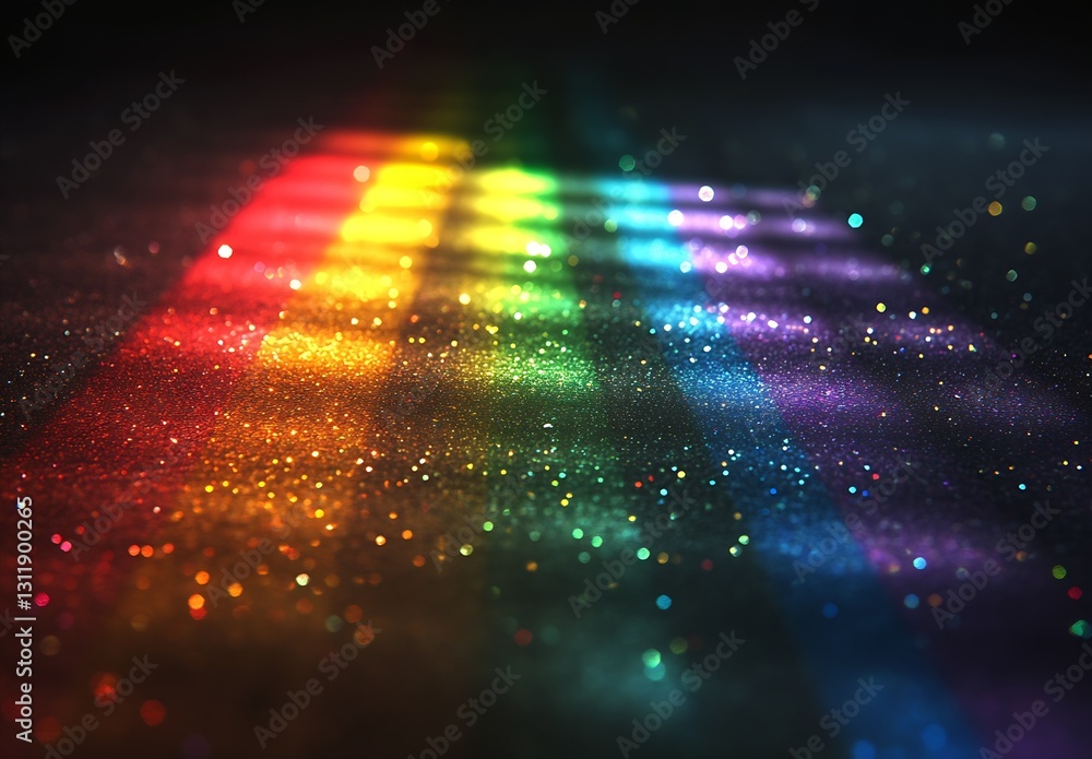 Poster Vibrant rainbow light reflections creating a mesmerizing sparkling effect on a dark surface : Generative AI
