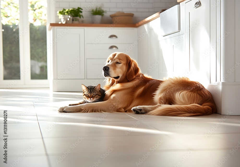 Poster golden retriever and tabby cat snuggling on clean kitchen floor bathed in sunlight : generative ai
