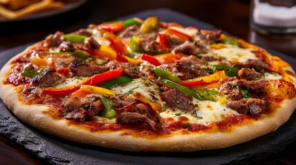 Delicious gourmet pizza topped with colorful peppers and tender meat on a rustic stone surface