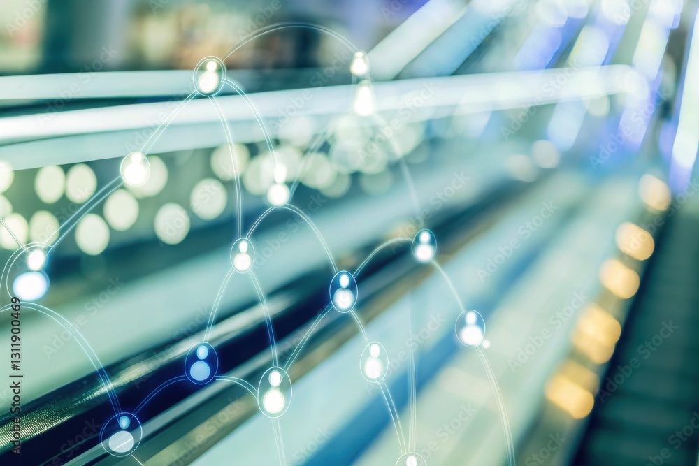 Poster a close-up image of a brightly lit escalator with glowing lights, creating a modern and vibrant atmo