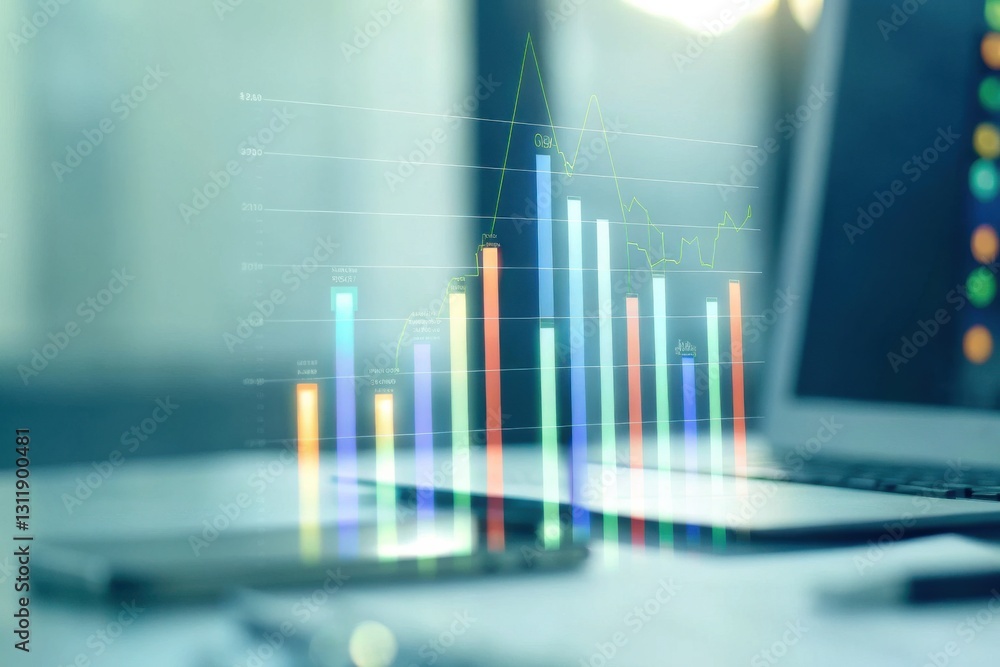 Poster a digital workspace featuring a laptop and smartphone, overlaid with colorful data visualization gra