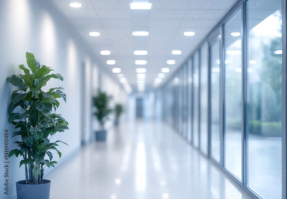 Aufkleber modern office hallway with potted plants and glass windows creating a serene atmosphere : generative