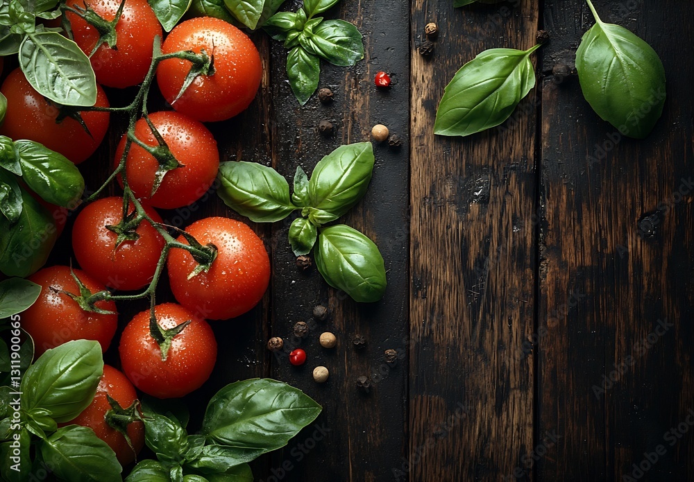 Poster fresh ripe tomatoes and basil leaves on rustic wooden table background : generative ai