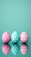 Fototapeta premium Three colorful Easter eggs reflected on a shiny surface, set against a mint green background, conveying a cheerful spring aesthetic.