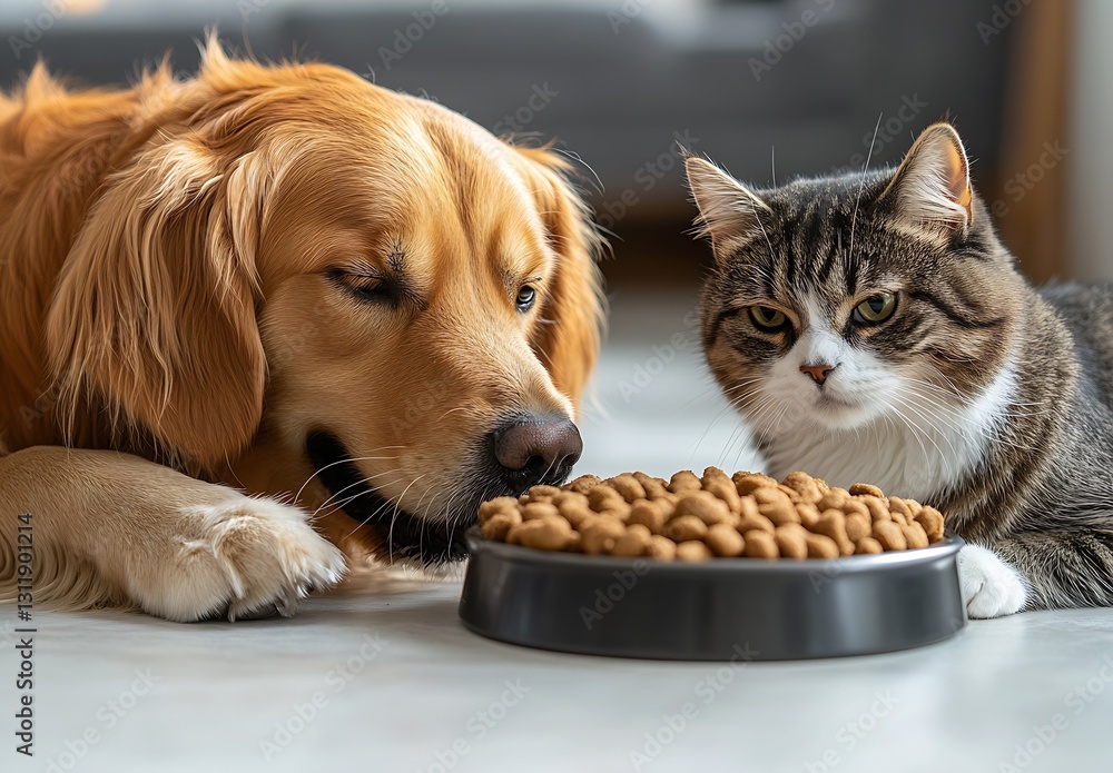 Poster Golden Retriever and Tabby Cat Enjoying a Feast of Kibble in a Modern Home Setting : Generative AI