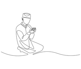 Continuous one line drawing of muslims prayer. Single line drawing illustration of Muslim person sitting and praying. Ramadan kareem concept vector art. Doodle line illustration.