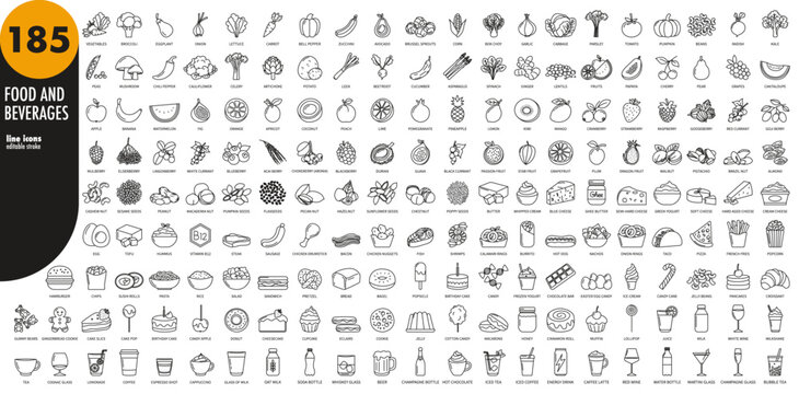 Food and beverages big editable stroke thin line icons set. Fruits, vegetables, nuts, sweets, cheese, diary, meat, seafood, fast food, pastry, seeds, berries, drinks, cakes, meals, vector illustration