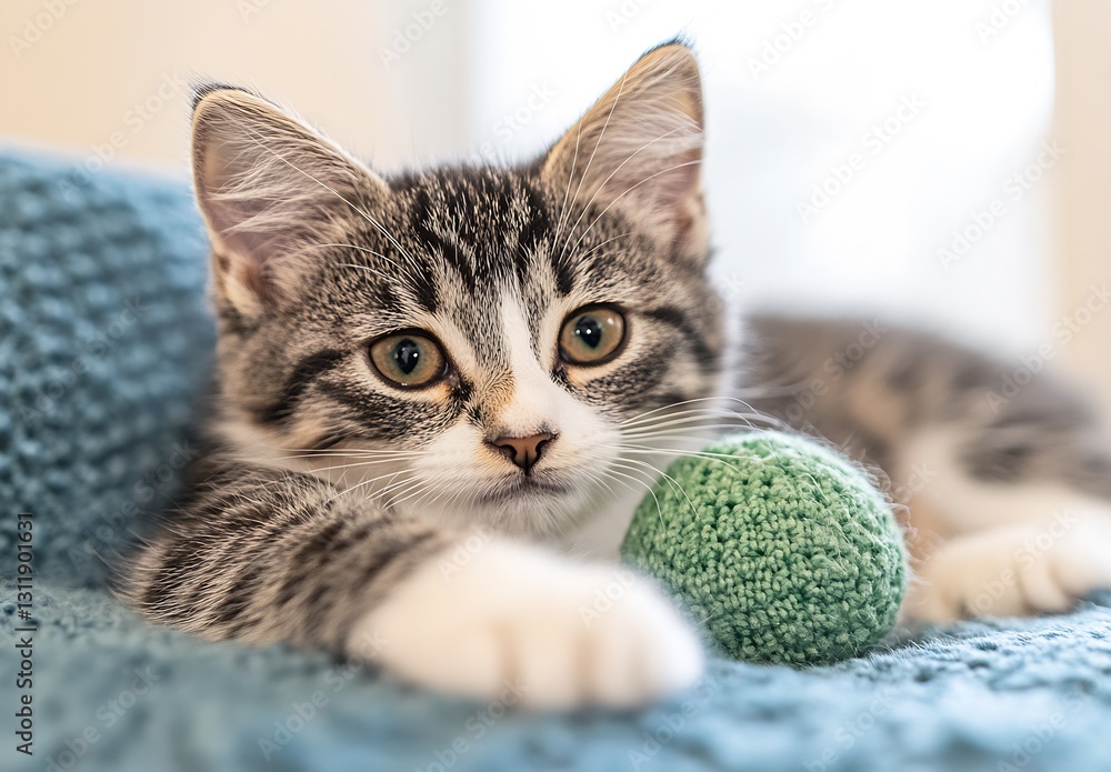 Aufkleber cute kitten lounging on a soft blue blanket playing with a green ball under natural light : generati