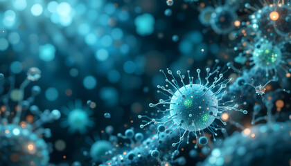 Fototapeta premium Highly detailed 3D-rendered close-up of microscopic cells dividing, surrounded by glowing molecular structures and chemical reactions.
