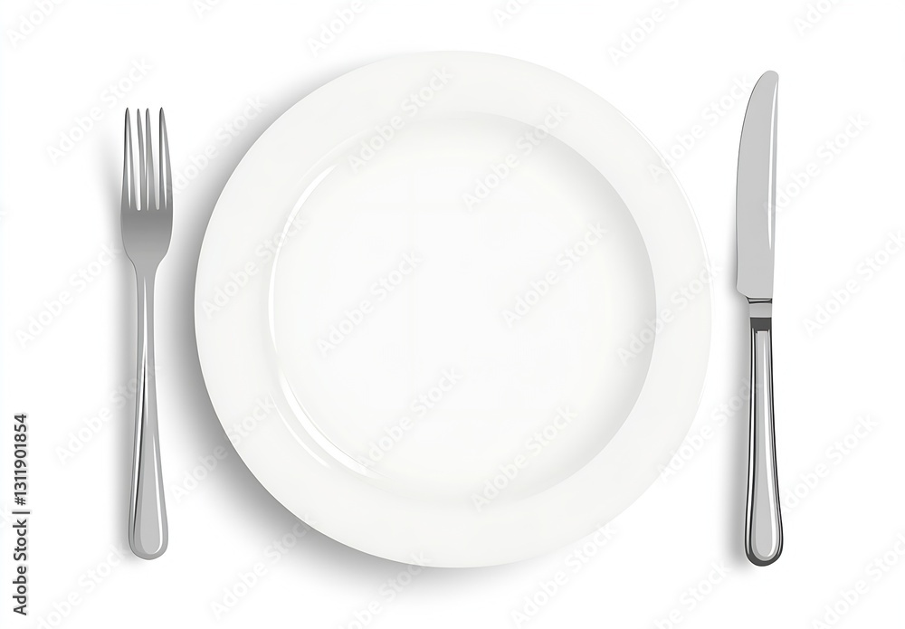 Aufkleber Empty white plate with fork and knife on clean background for minimal dining concept : Generative AI
