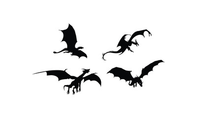 Set of black dragon silhouettes isolated on a white