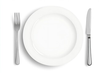 Empty white plate with fork and knife on clean background for minimal dining concept : Generative AI