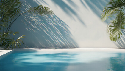 Tropical summer background with plaster wall, pool water and palm shadow on the wall. Luxury hotel resort poolside scene mockup template. copy space.