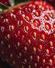Close-up of a fresh strawberry covered in tiny water droplets, vibrant red color, hyper-detailed seeds and texture, high-resolution food photography,