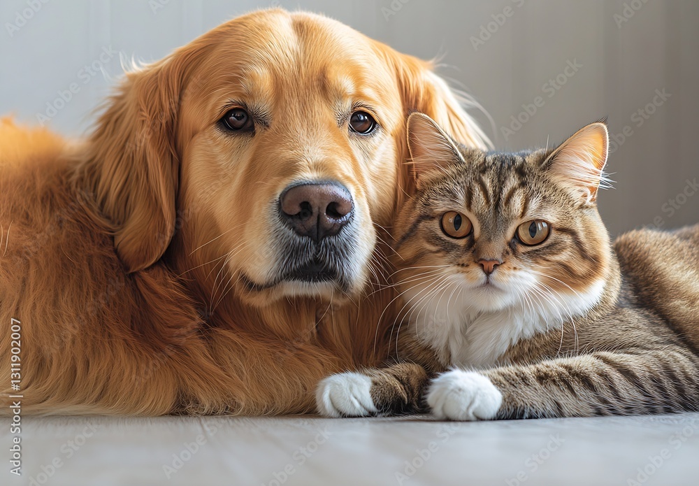 Poster Golden Retriever and Tabby Cat Snuggled Together in a Bright Cozy Room Displaying Friendship : Generative AI