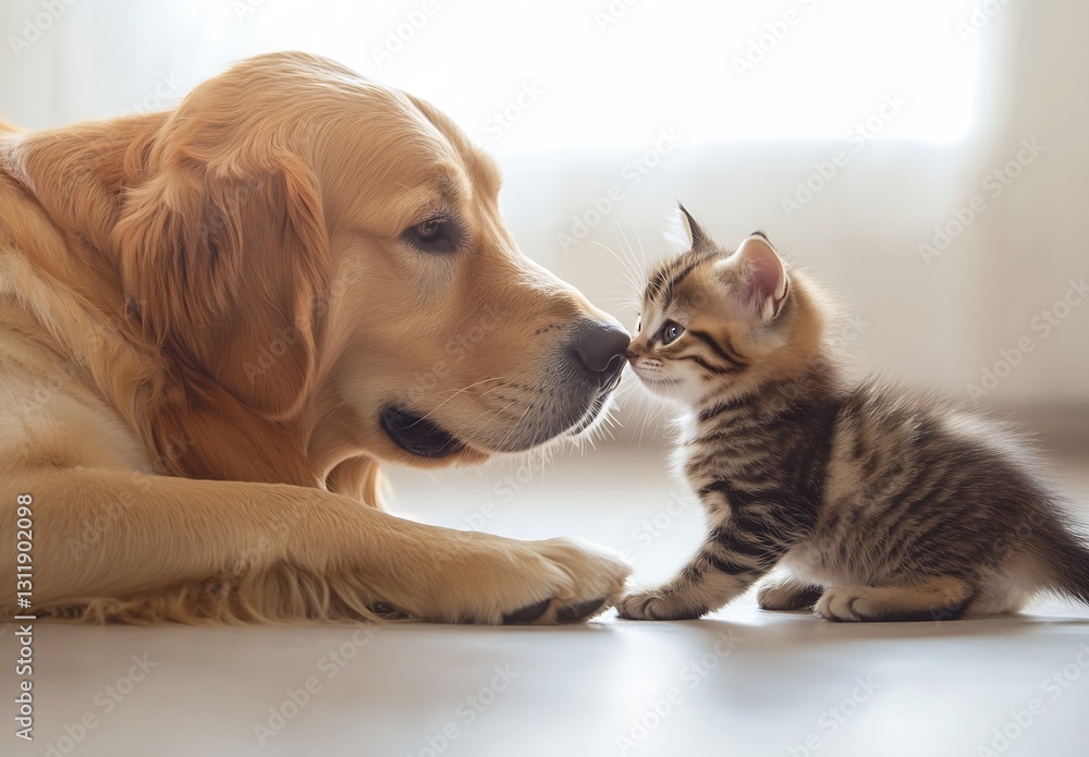 Poster Golden Retriever and Playful Tabby Kitten Greet Each Other with Affectionate Noses : Generative AI