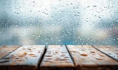 Rainy Day Scene with Water Droplets on Wooden Table Background